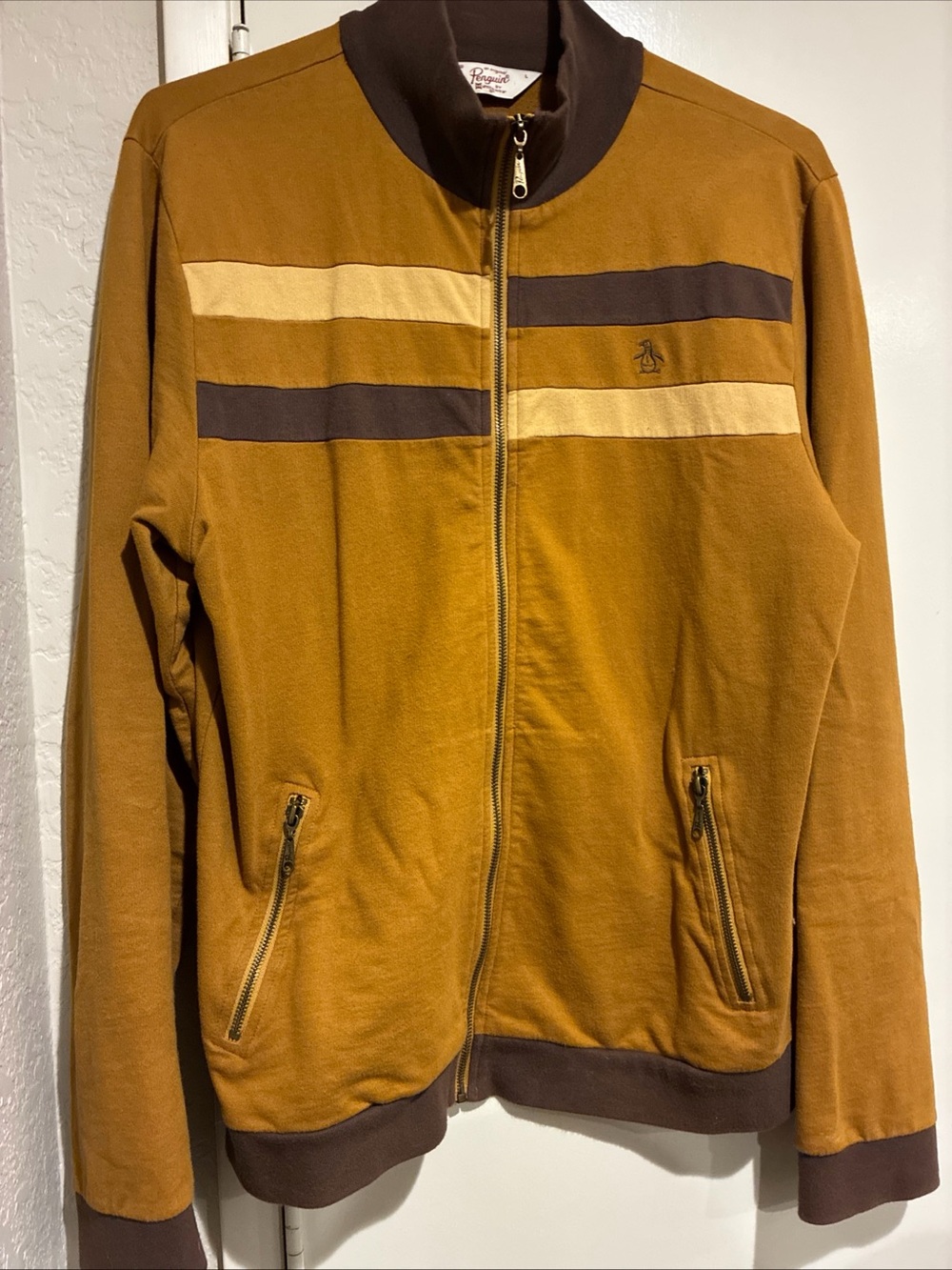 Vintage Original Penguin Track Jacket Mens Size L Retro 70s Mustard Yellow Brown
